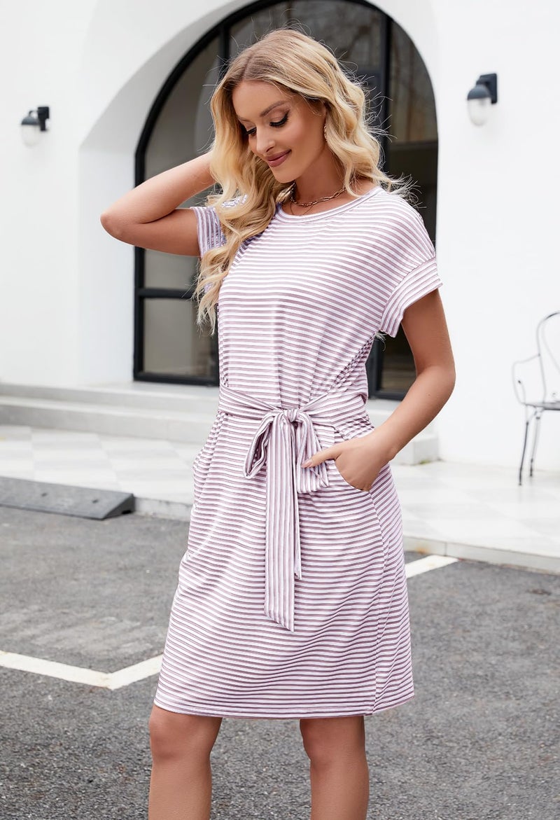 MEROKEETY Women's 2026 Summer Casual Dress Short Sleeve Crewneck Striped Tie Waist Work Trendy T Shirt Dresses, Dustypink, M - Image 5